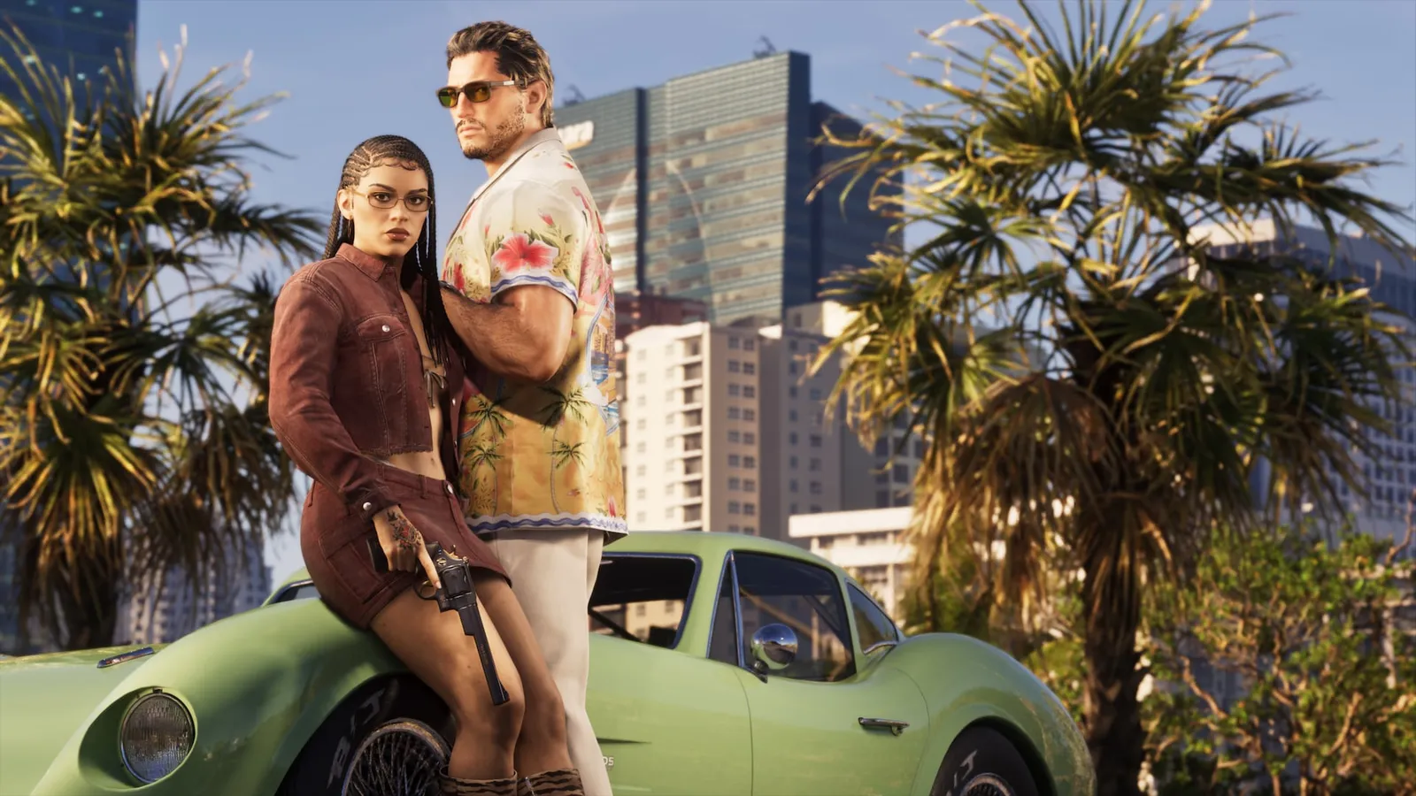 Lucia y Jason junto a un coche clásico en una imagen promocional de GTA VI