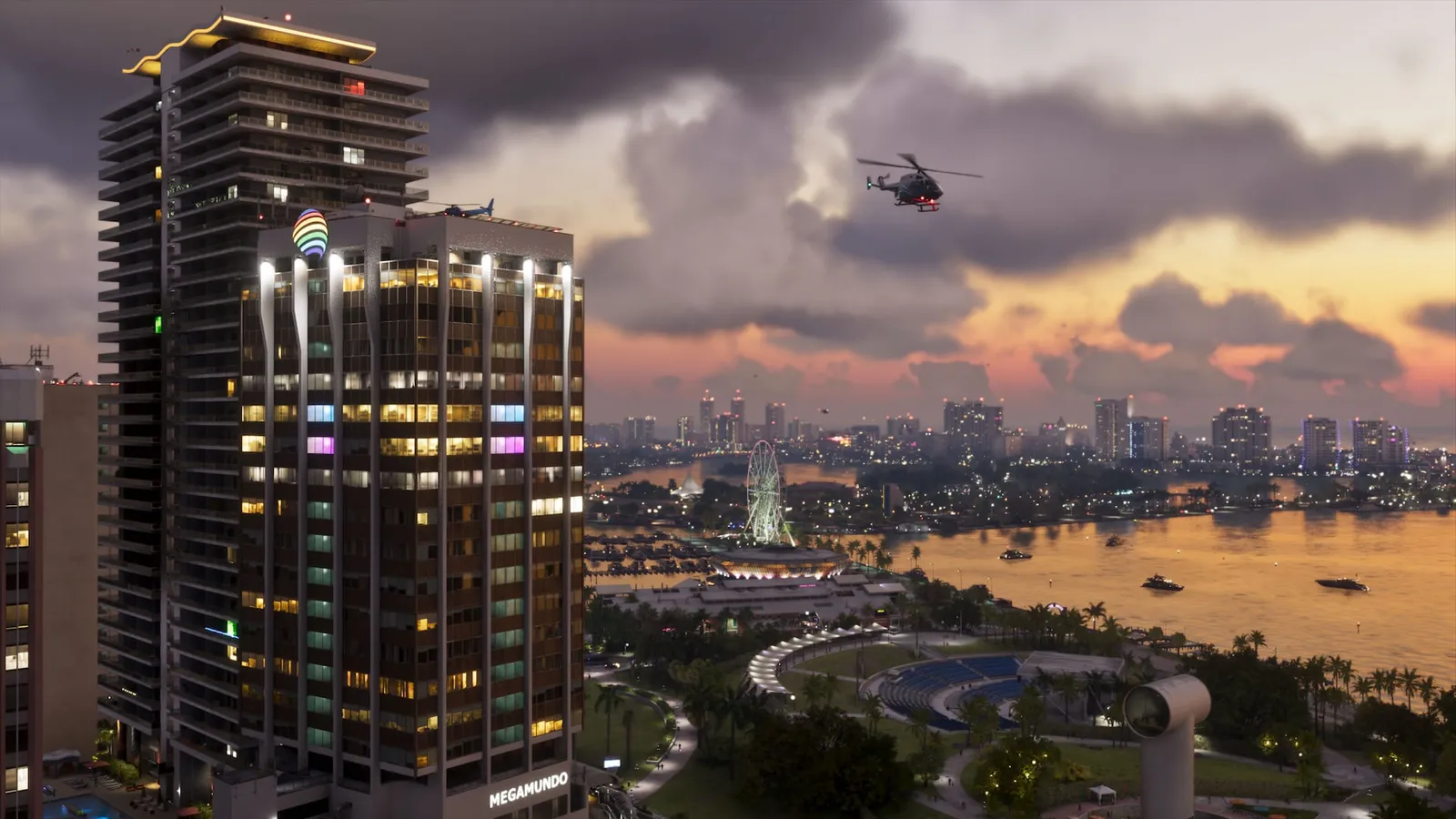 Vista aérea de Vice City al atardecer en GTA VI