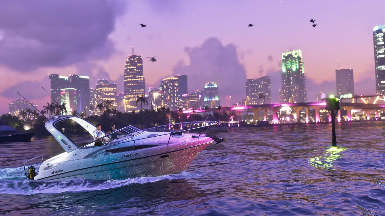 Lancha navegando frente al horizonte de Vice City al atardecer en GTA 6