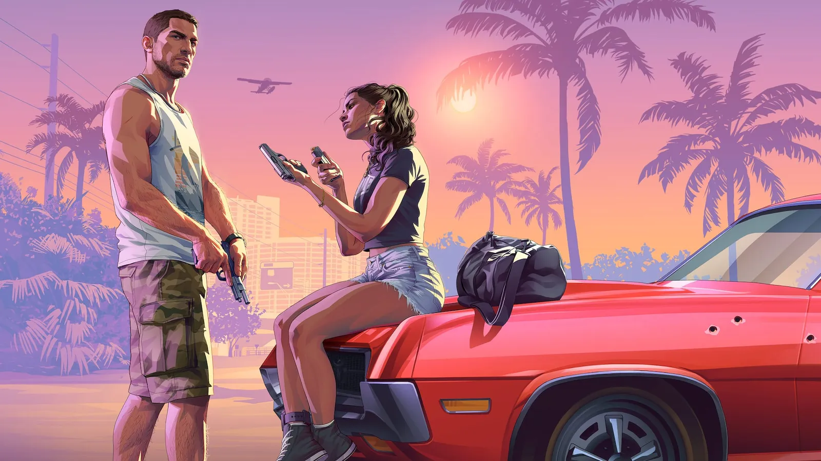 Lucia y Jason, protagonistas de GTA 6, junto a un coche rojo con armas en la mano